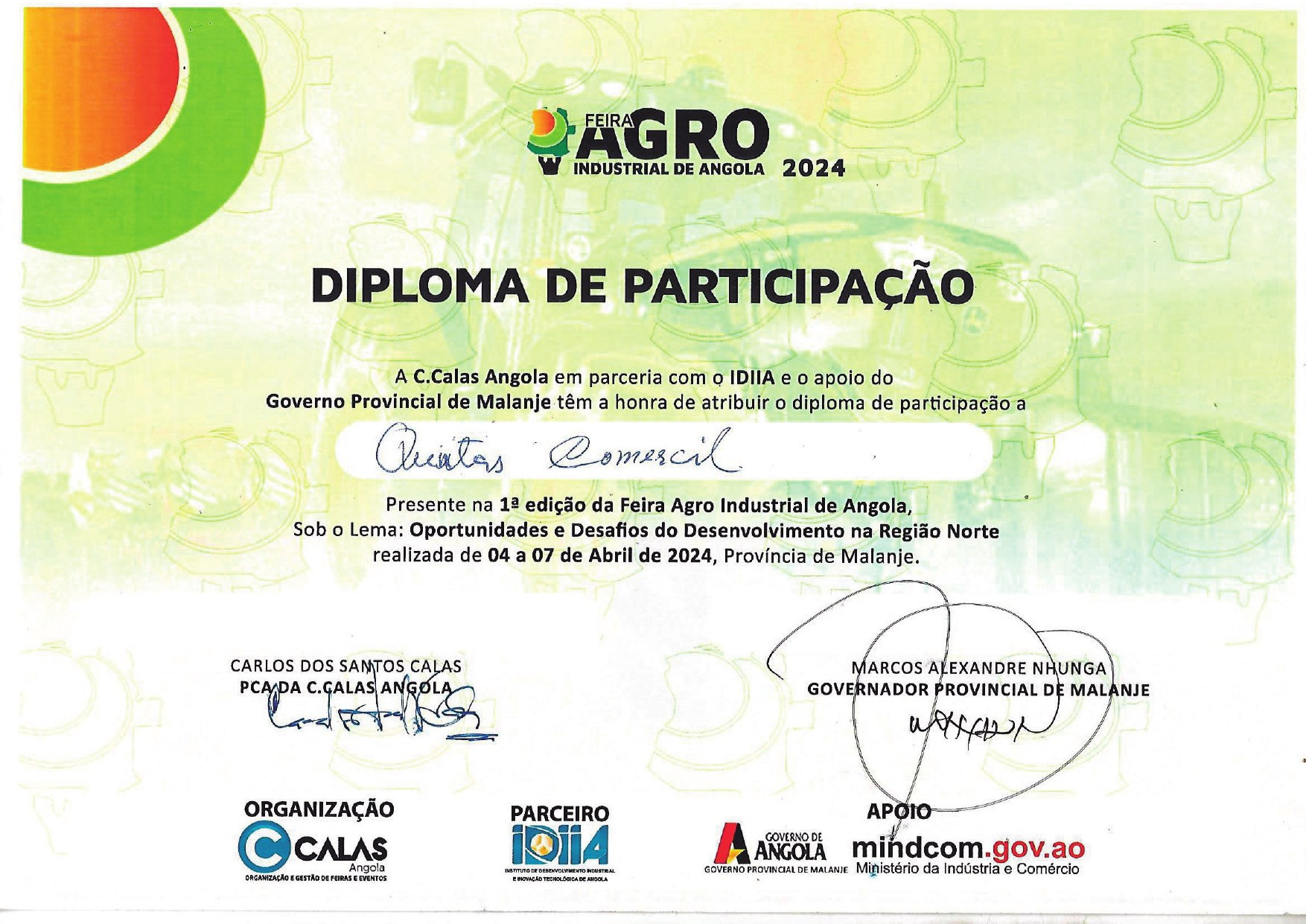 Diploma de participação na primeira edição da Feira Agro Industrial de Angola 2024, em Malanje