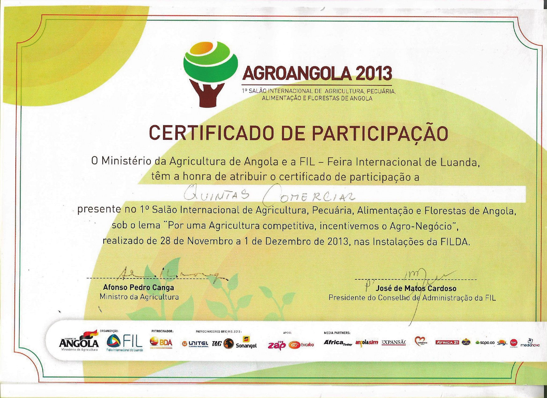 Certificado de participação na primeira edição do Salão Internacional AgroAngola 2013