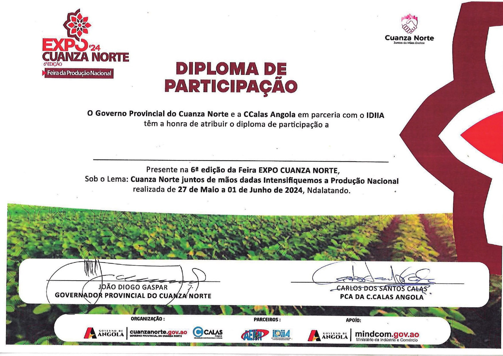Diploma de participação na Expo Cuanza Norte 2024