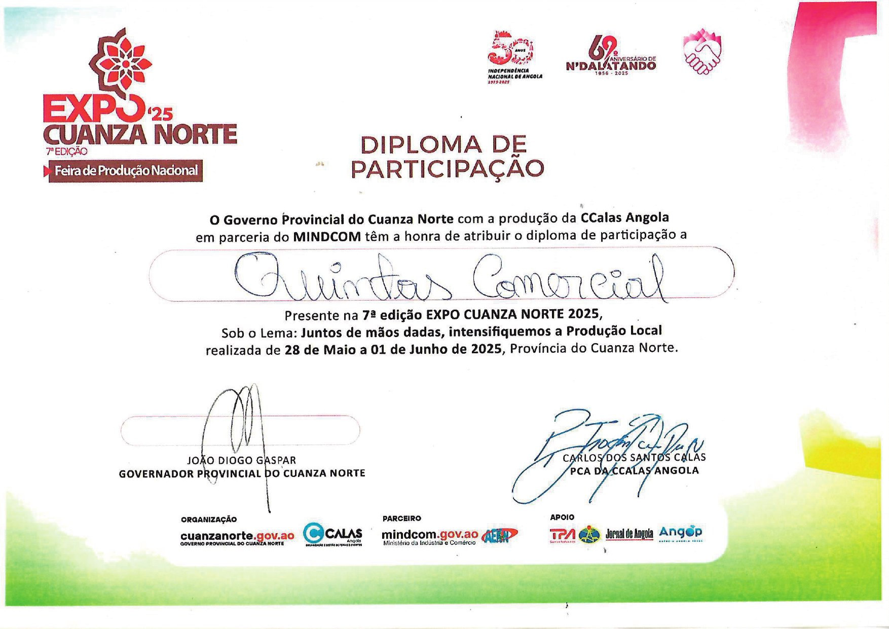 Diploma de participação na Expo Cuanza Norte 2025