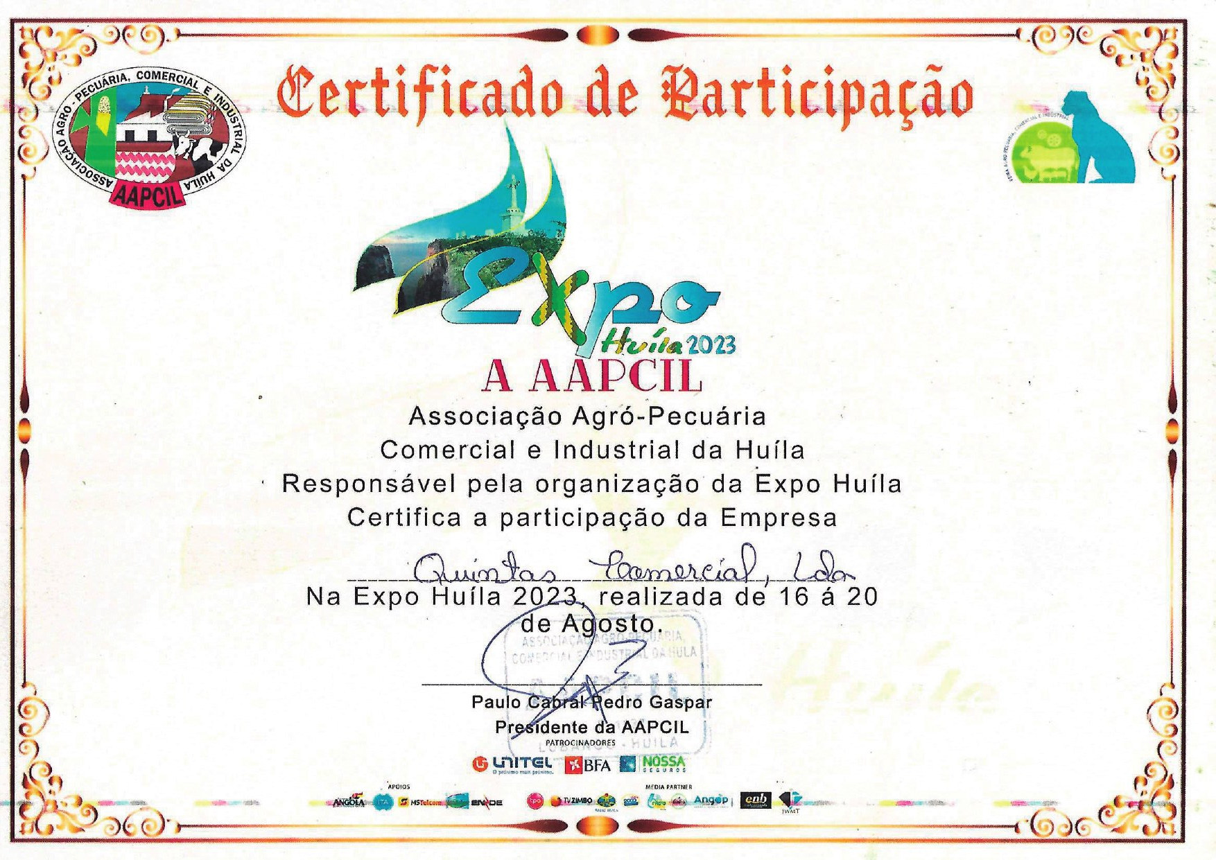 Certificado de participação da Quintas Comercial na Expo Huíla