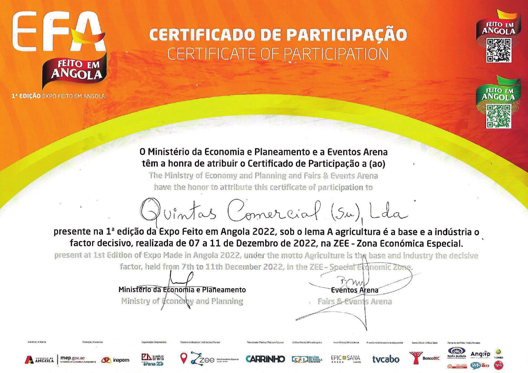 Certificado de participação na Expo Made in Angola 2022