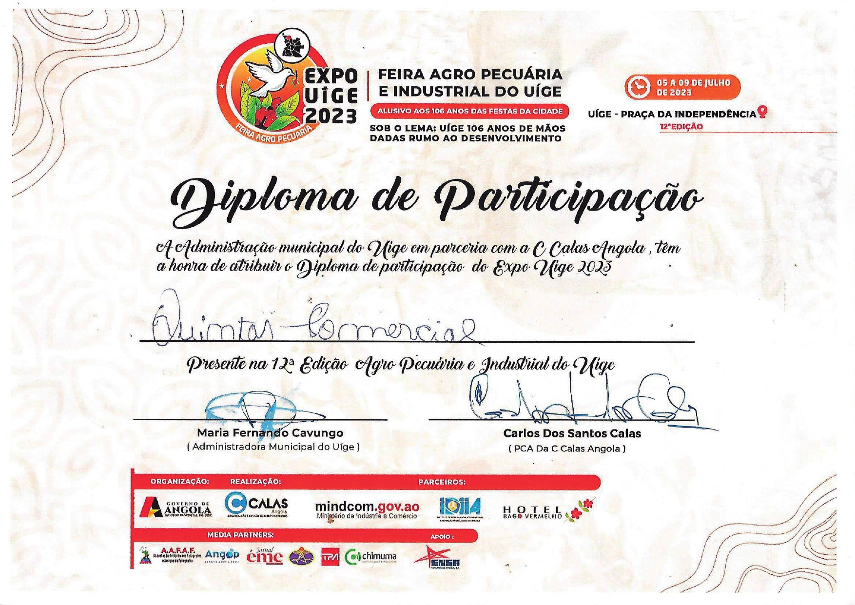 Diploma de participação na 12.ª edição da Expo Uíge, 2023