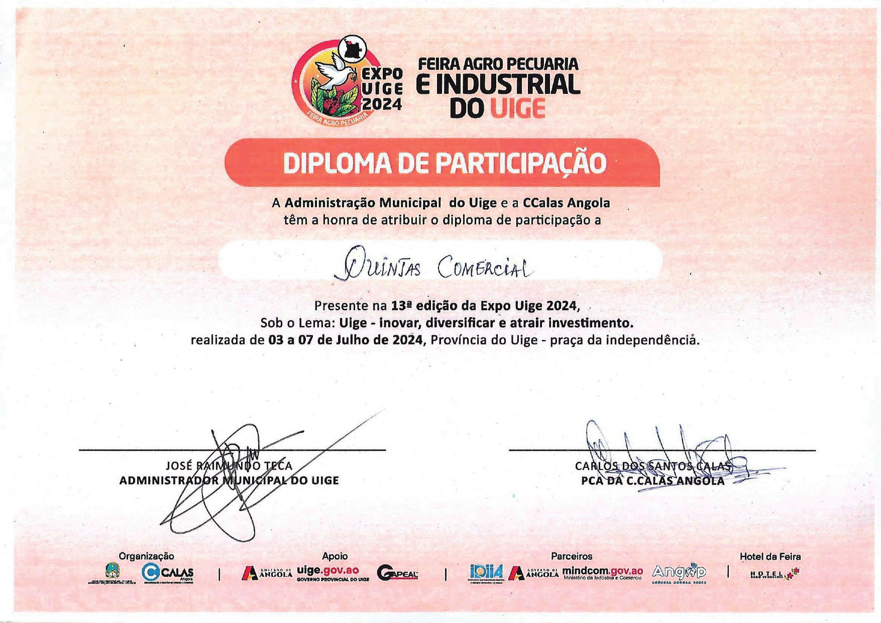 Diploma de participação na 13.ª edição da Expo Uíge 2024