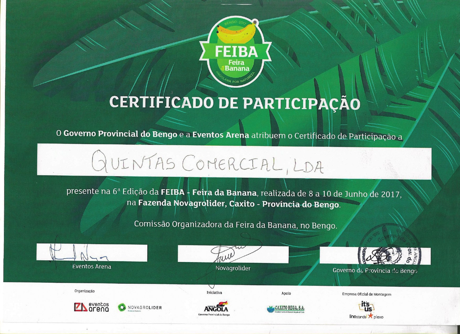 Certificado de participação na 6.ª edição da FEIBA em 2017, no Bengo