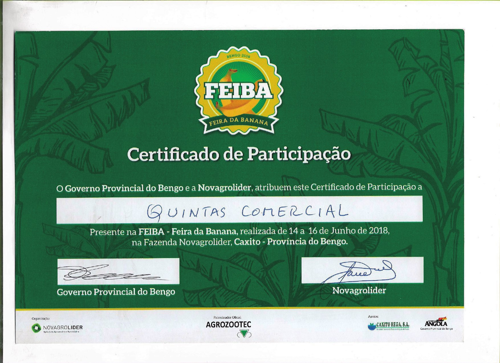 Certificado de participação na FEIBA, Feira da Banana, Bengo, 2018