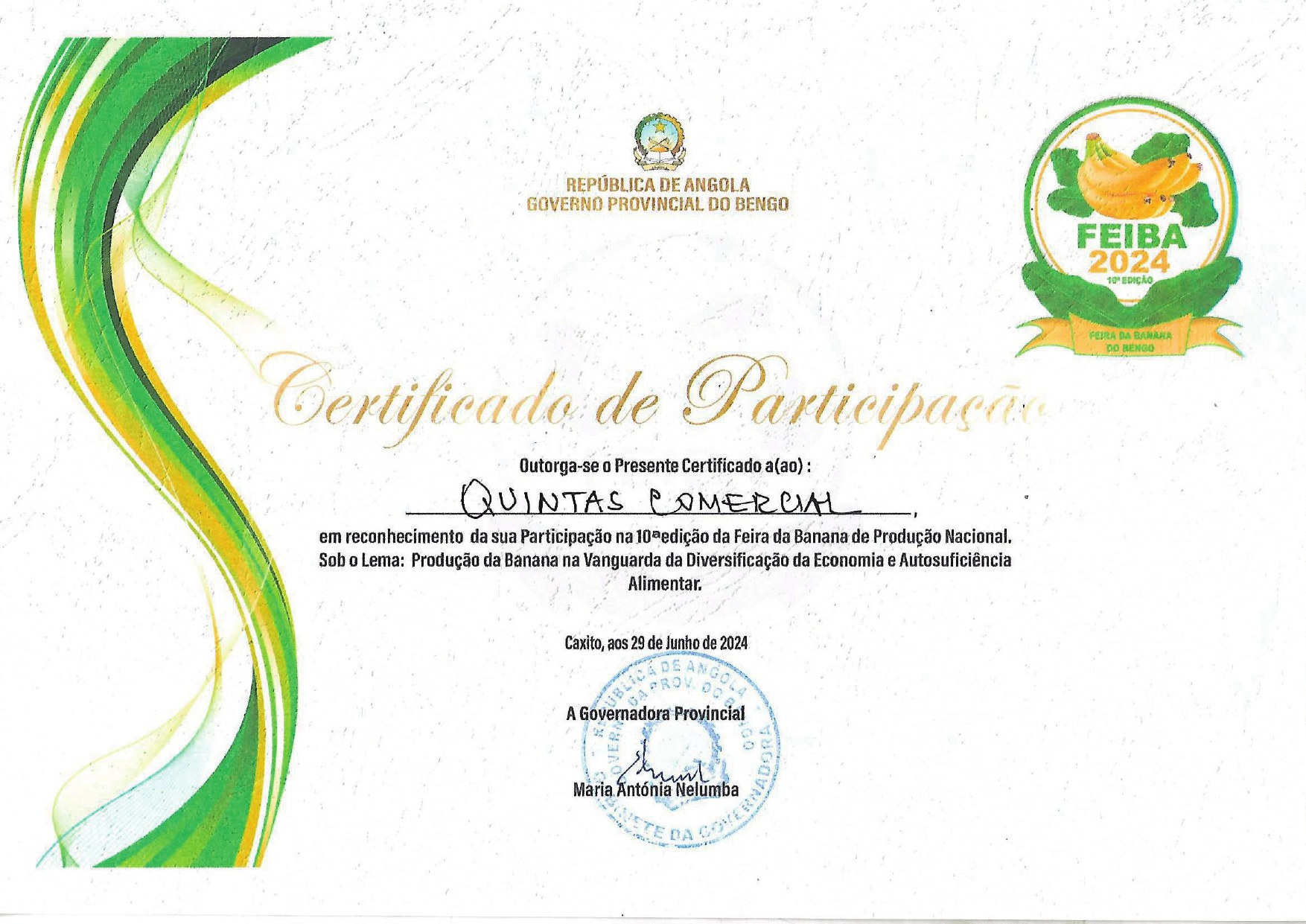 Certificado de participação na FEIBA, Feira da Banana de Produção Nacional, em 2024