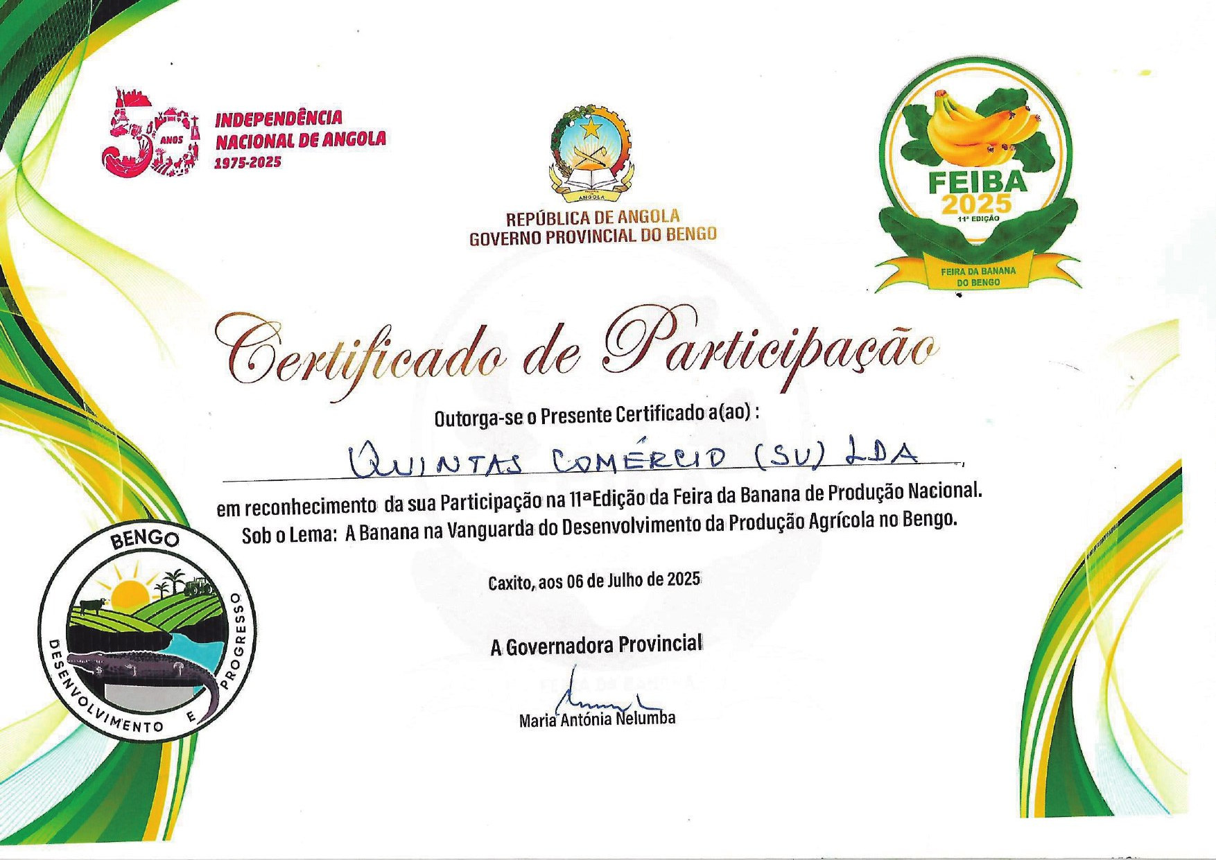 Certificado de participação na Feira da Banana de Produção Nacional, Bengo 2025
