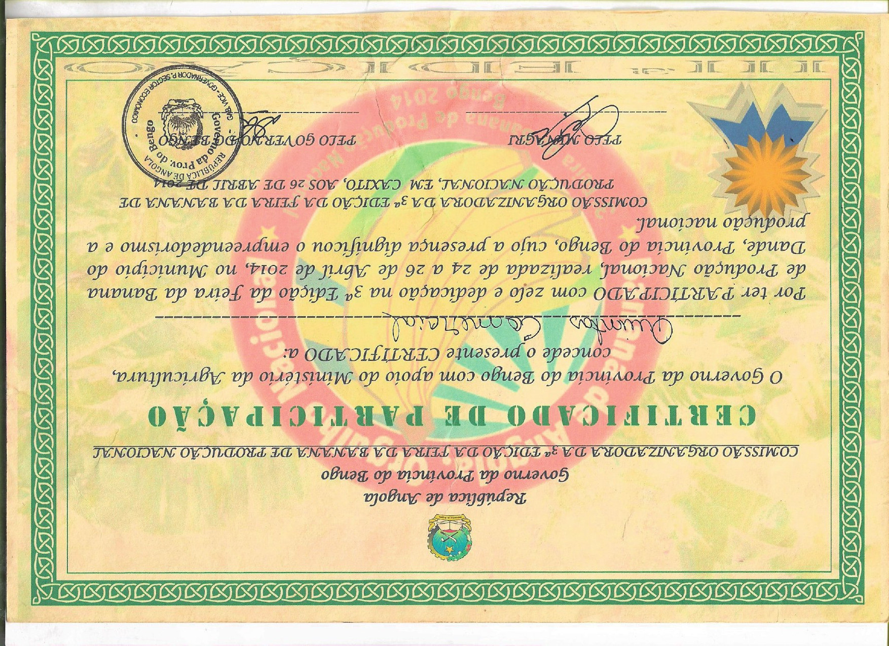 Certificado de participação na Feira da Banana de Produção Nacional, Bengo, 2014