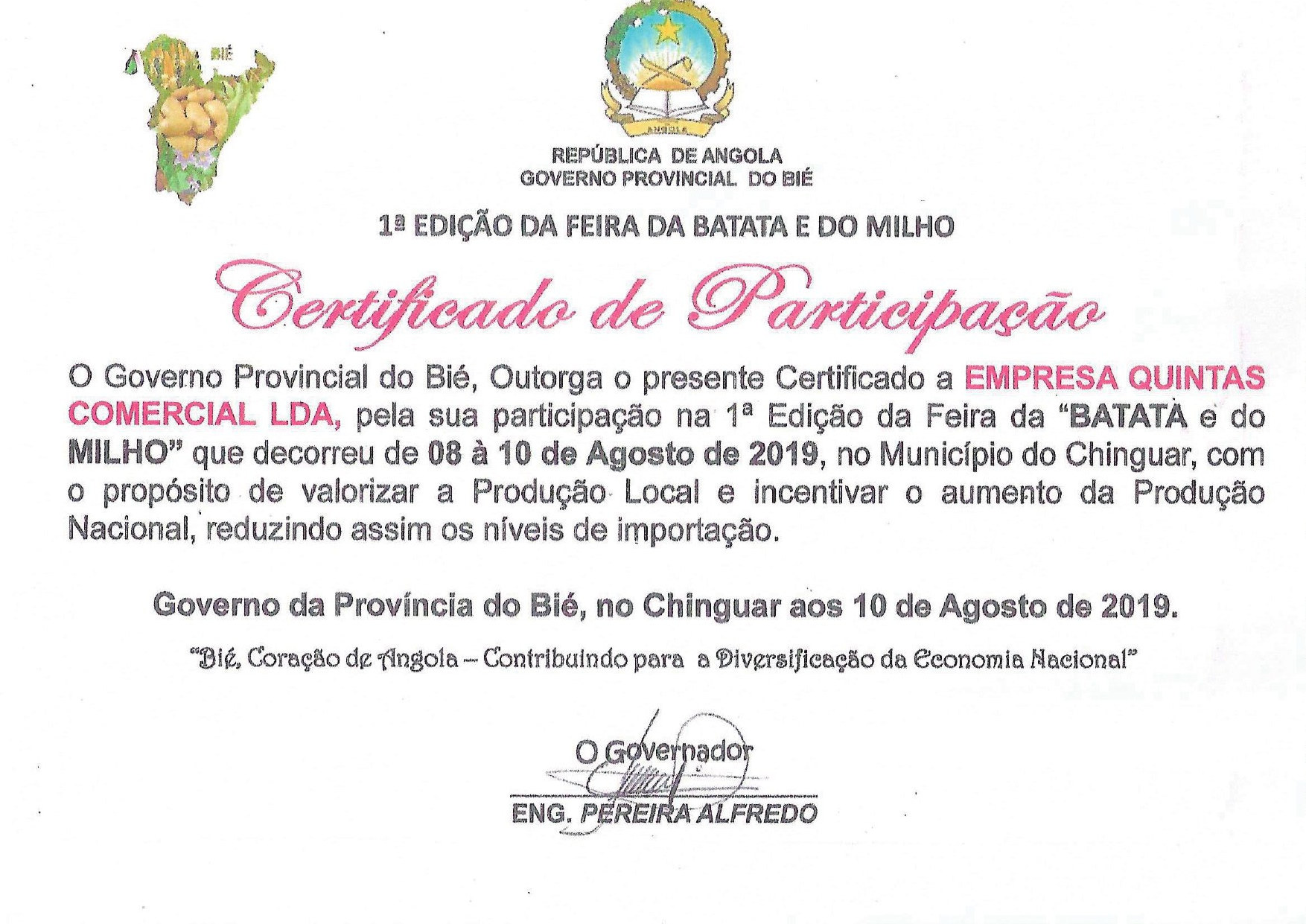 Certificado de participação na Feira da Batata e do Milho, Bié, 2019
