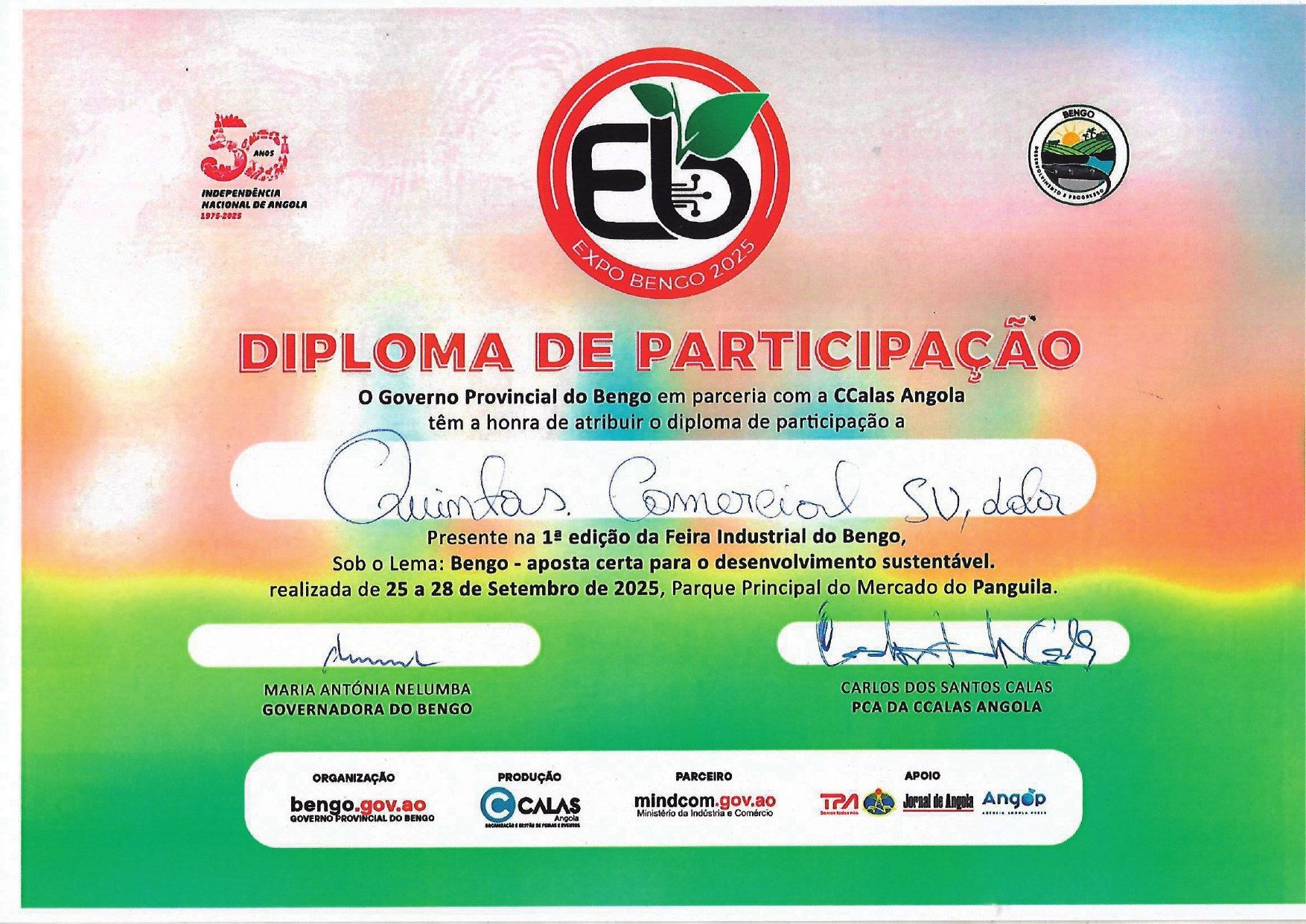 Certificado de participação na Feira Industrial do Bengo 2025