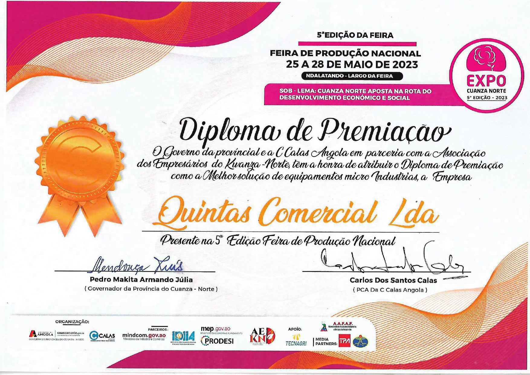 Certificado de participação na Feira de Produção Nacional, em Maio de 2023