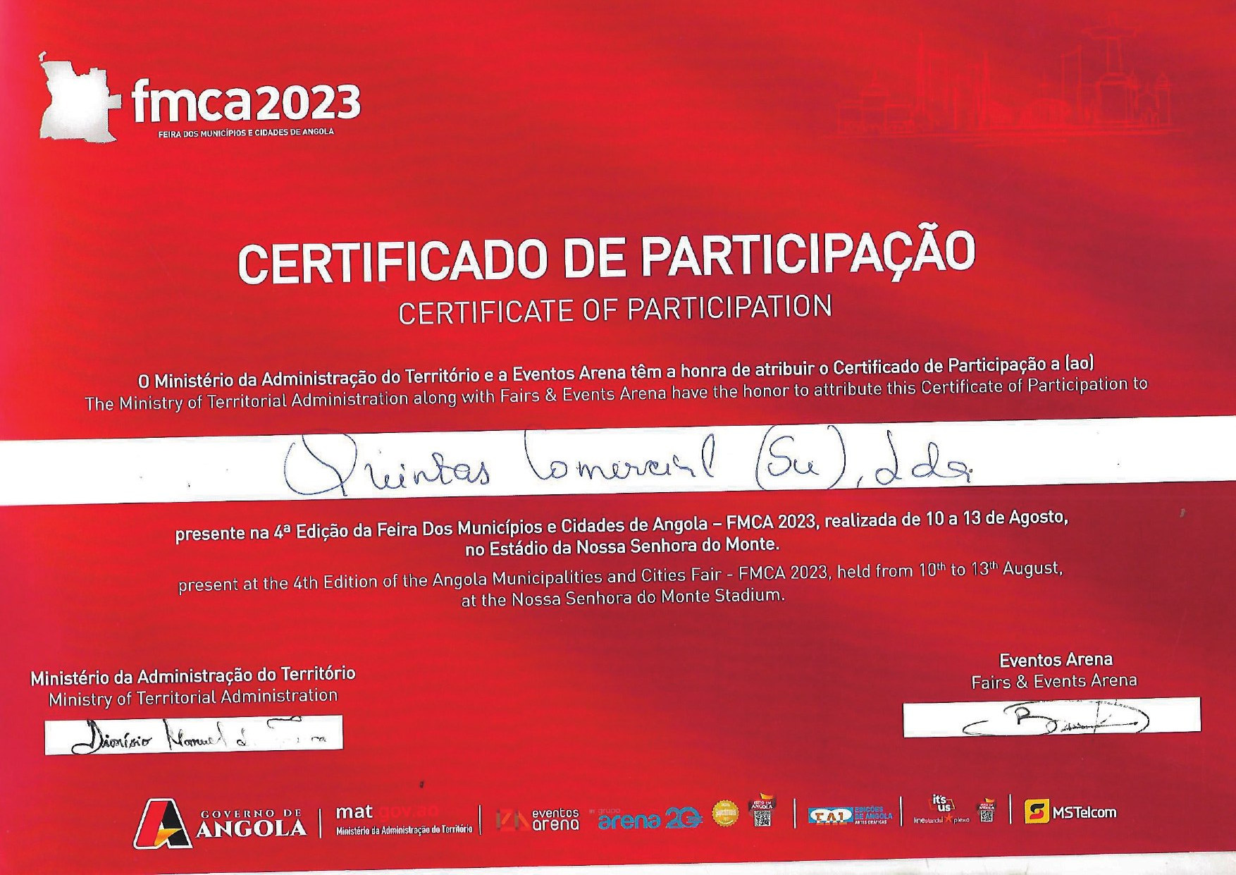 Certificado de participação na Feira dos Municípios e Cidades de Angola (FMCA) 2023