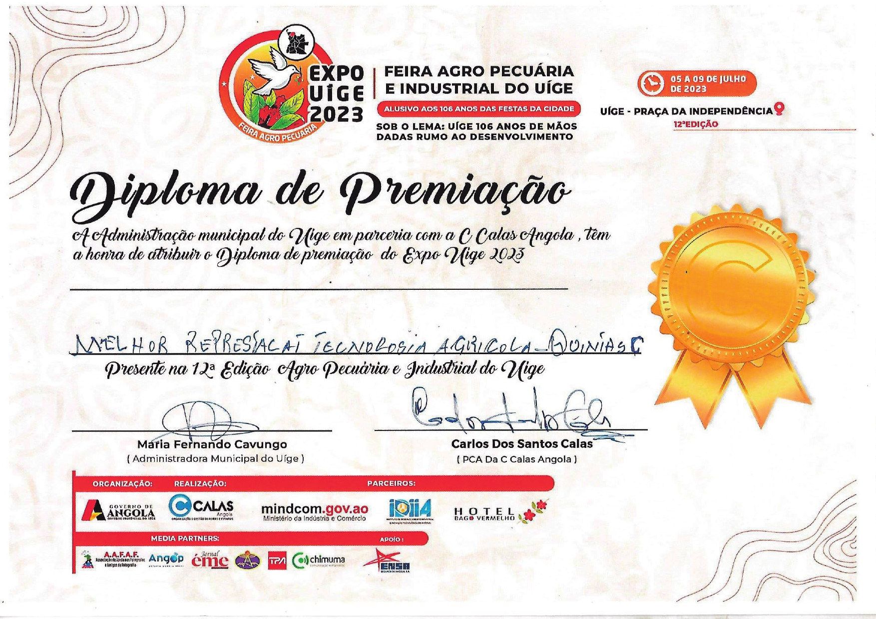 Diploma de premiação da Feira Agro-Pecuária e Industrial do Uíge