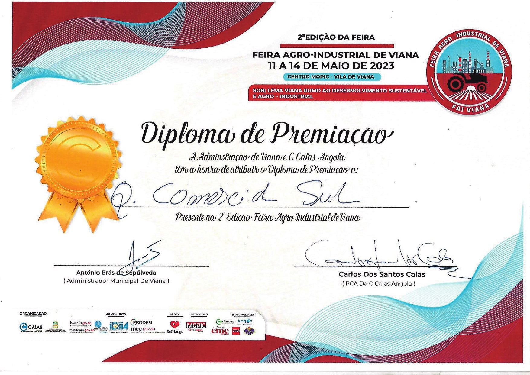 Diploma de premiação da Feira Agro-Industrial de Viana