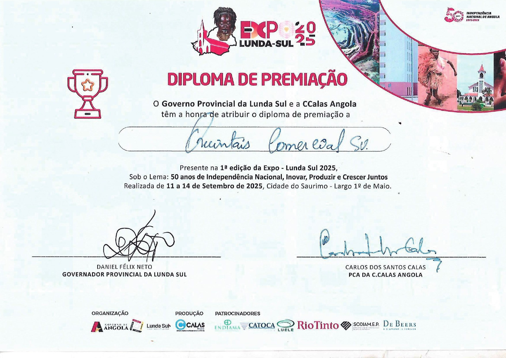 Diploma de premiação na primeira edição da Expo Lunda Sul 2025