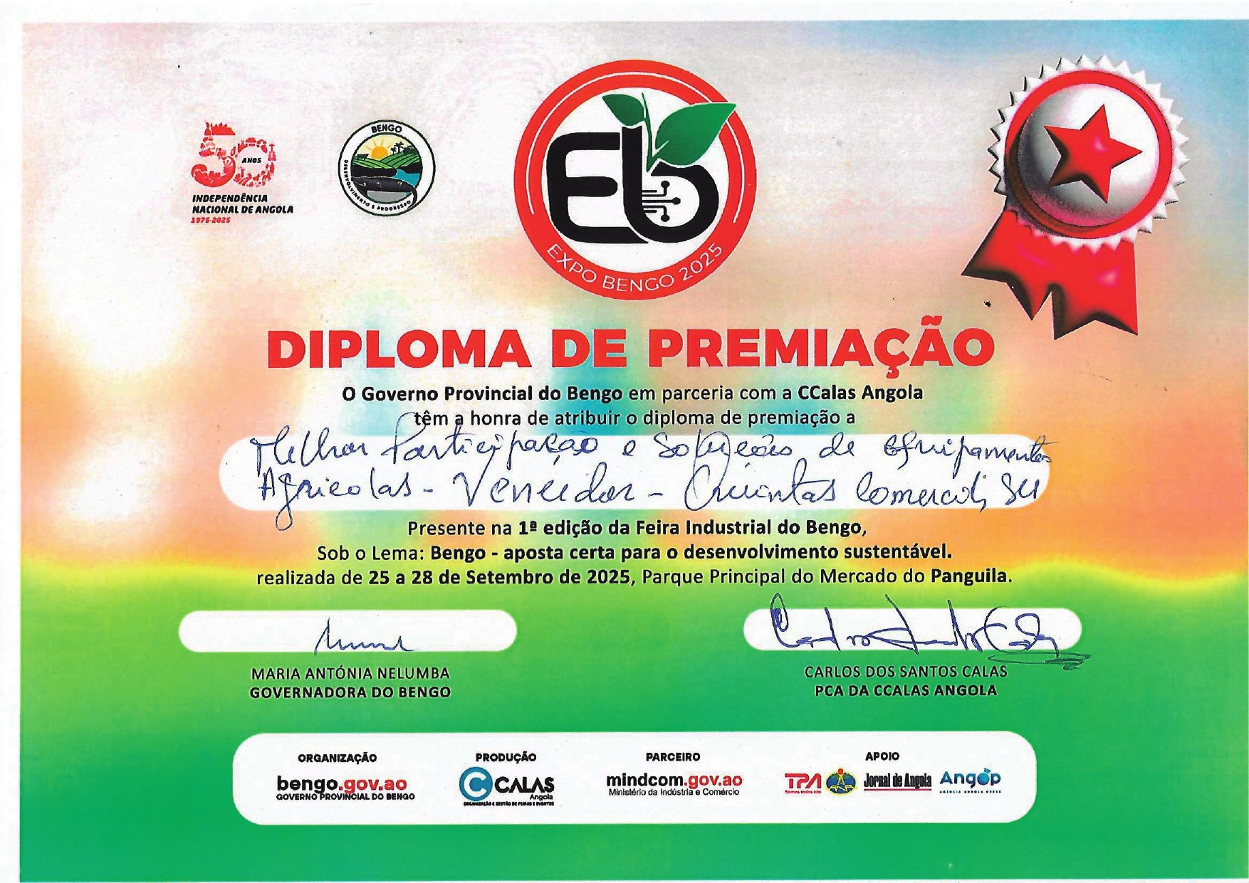 Diploma de premiação na primeira edição da Feira Industrial do Bengo 2025